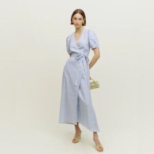 knee length dresses for ladies Gingham Seersucker Wrap Dress Estate Blue Gingham / Extra Small main image 0